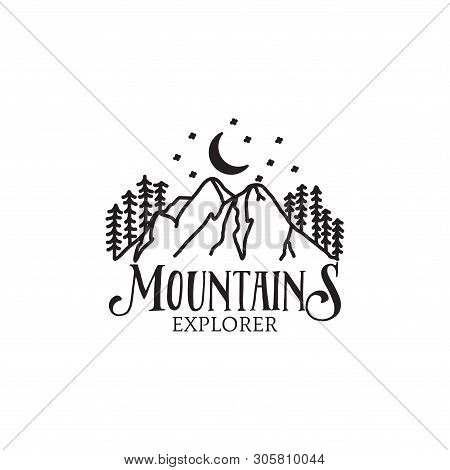 Night Mountain Pine Trees Retro Logo Design For Good Measure - Can Used Photographer, Outdoor, Adven
