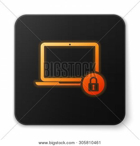 Orange Glowing Laptop And Lock Icon Isolated On White Background. Computer And Padlock. Security, Sa