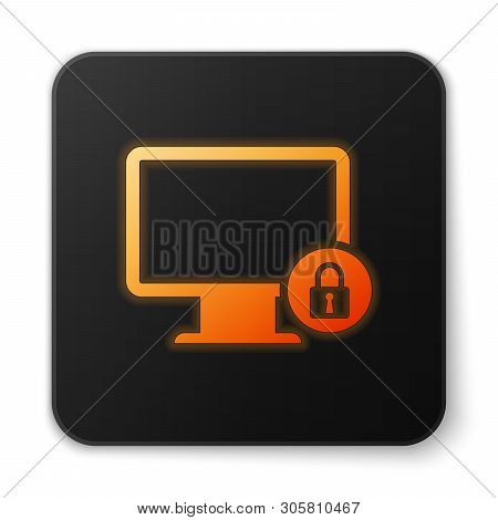 Orange Glowing Lock On Computer Monitor Screen Icon Isolated On White Background. Monitor And Padloc