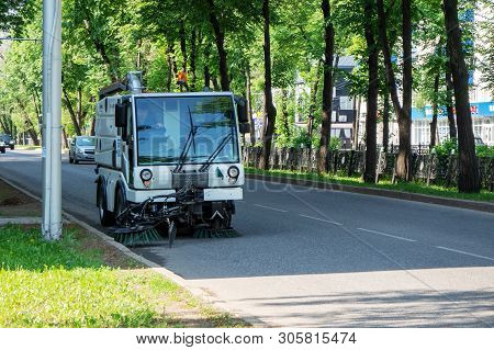 Sterlitamak, Russia - June 1, 2019; Brushes For Cleaning The Streets Are Fixed On The Car. Special M