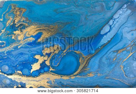 Blue Marbling Pattern. Golden Marble Liquid Texture.