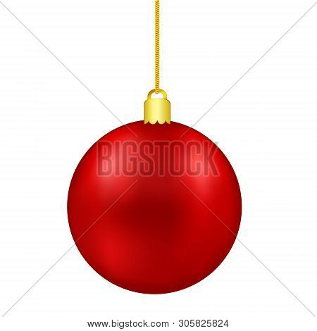 Red Christmas Ball On Golden Thread Isolated On White Background, Stock Vector Illustration