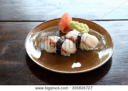 Octopus Sushi On A Plate In Closeup