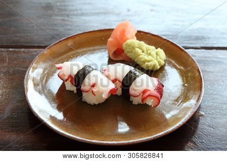 Octopus Sushi On A Plate In Closeup