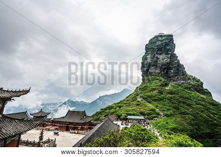 Chengen Buddhist Temple And View Of The New Golden Summit In Fanjing Mountain In Guizhou China