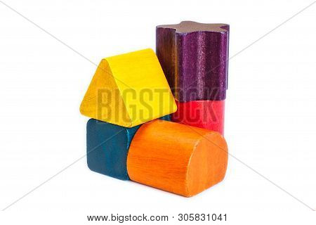 Wooden Building Blocks Isolated On White Background, Geometric Toy