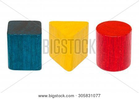 Wooden Building Blocks Isolated On White Background, Geometric Toy