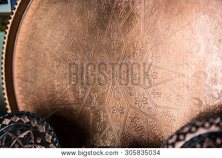 Copper Plate Handcrafted, Traditionally Made In Lagich, Azerbaijan. Handmade Plate In Souvenir Shop.