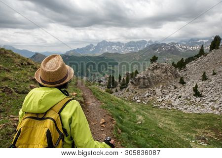 An Hiker Woman With View Of Tena Valley In The Pyrenees, Formigal,  Huesca, Spain