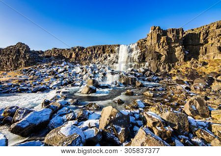 Beautiful Oxararfoss Waterfall In Summer, Thingvellir National Park, Iceland