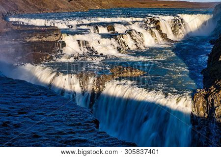 Gullfoss Waterfall View In Iceland, Europe. Gullfoss Is One Of The Most Popular Waterfalls In Icelan