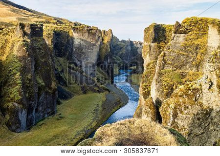 Unique Landscape Of Fjadrargljufur In Iceland. Top Tourism Destination. Fjadrargljufur Canyon Is A M