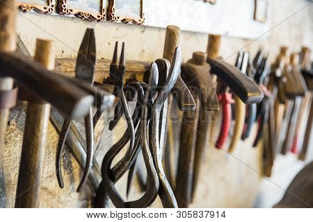Coppersmith Workshop And Hand Made Copper Things, Lahich, Azerbaijan. Interior Of Coppersmith Worksh