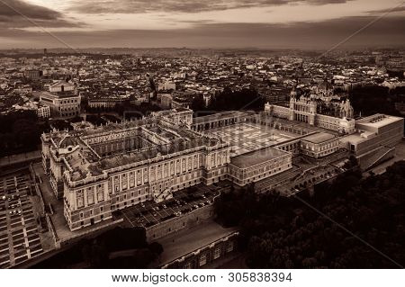 Royal Palace aerial view at sunrise in Madrid, Spain.