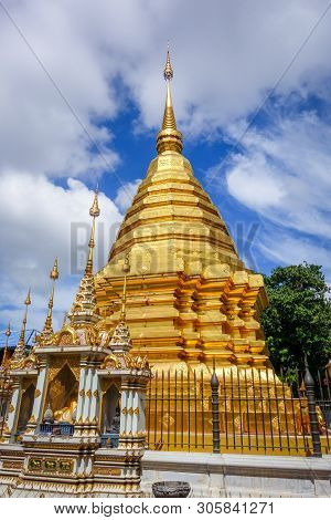 Golden Pagoda In Wat Chomphu Temple, Chiang Mai, Thailand