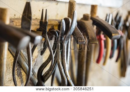 Coppersmith Workshop And Hand Made Copper Things, Lahich, Azerbaijan. Interior Of Coppersmith Worksh