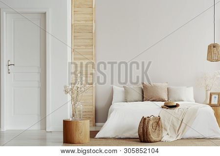 Natural Bedroom Deign, Copy Space On Empty Wall