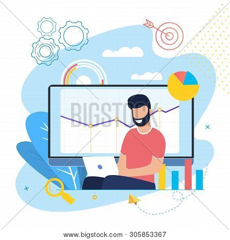 Successful Development And Growth Project Cartoon. Man With Laptop Is Working On Analysis These Indi