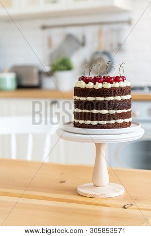 Black Forest Cake, Schwarzwalder Kirschtorte, Schwarzwald Pie, Dark Chocolate And Cherry Dessert On 