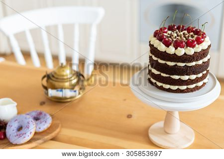 Naked Chocolate Cake With Cherry. Black Forest Cake, Schwarzwalder Kirschtorte, Schwarzwald Pie On T