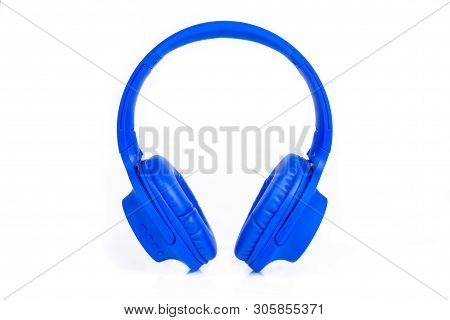 Headphones Isolated On A White Background, Blue Headphones.