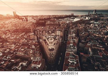 Aerial view of Gothic Quarter in Barcelona in Spain.