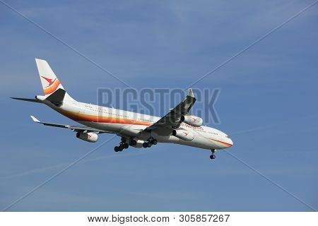Amsterdam The Netherlands - April, 19th 2018: Pz-tcr Surinam Airways Airbus A340-300 On Final Approa