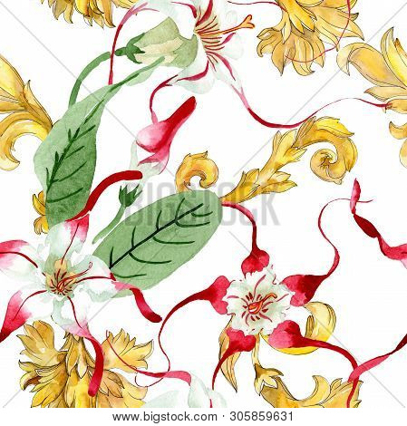 Red White Strophantus Floral Flowers. Watercolor Background Illustration Set. Seamless Background Pa