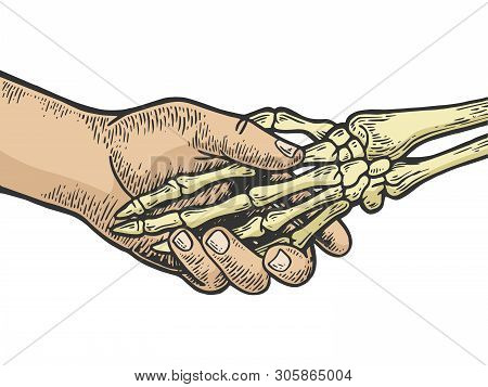 Death Skeleton Handshake Color Sketch Engraving Vector Illustration. Scratch Board Style Imitation. 