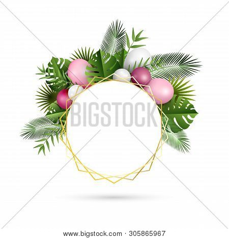 Festive Frame With Balloons And Tropical Leaves, Illustration