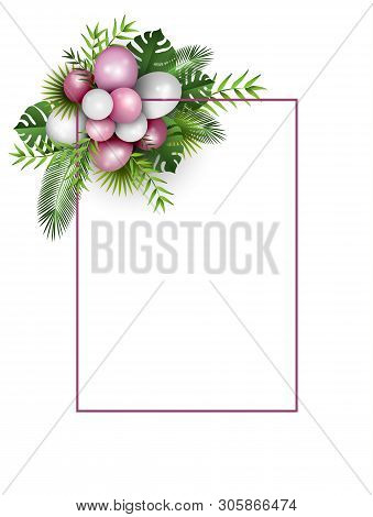 Festive Frame With Balloons And Tropical Leaves, Illustration
