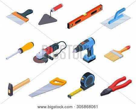 Repair Tool Isometric. Handyman Construction Tools Paint Kit Repair Home Drill Craftsman 3d Isolated