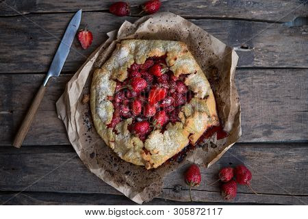 Summer Strawberry Gallete With Mix Of Berries. Rustic Style. Strawberry Pie Bakery