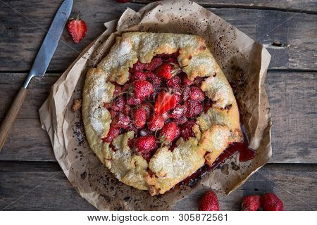 Summer Strawberry Gallete With Mix Of Berries. Rustic Style. Strawberry Pie Bakery