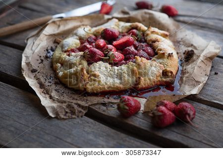 Summer Strawberry Gallete With Mix Of Berries. Rustic Style. Strawberry Pie Bakery
