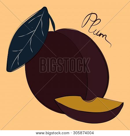 Vector Illustration Of Whole And Cut Plums On Pastel Orange Background