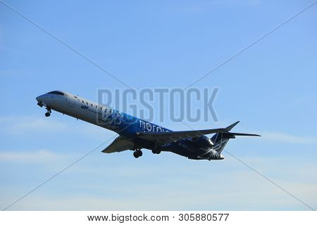 Amsterdam The Netherlands - January 7th 2018: Es-acd Nordica Canadair Crj-900 Takeoff From Polderbaa