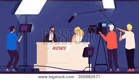 Tv Studio News. Journalists Stage Desk Tv Broadcasting Professional Crew Cameraman Television Interv