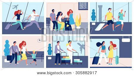 People Airport. Tourists With Suitcases International Airport Terminal Passengers Traveler Summer Tr