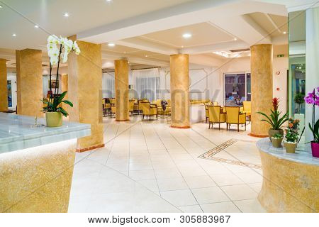 Lounge area of a hotel, club, company lobby. Fragment of the modern lobby of the five stars hotel
