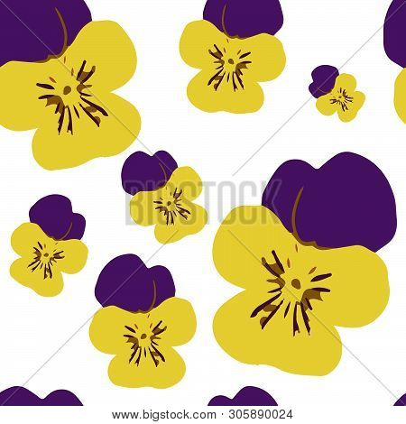 Colorful Seamless Pattern With Yellow-purple Pansies On White Background