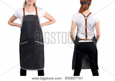 Young Redhaired Woman Chef Or Waiter Posing, Wearing Apron And T-shirt Isolated On White Background.