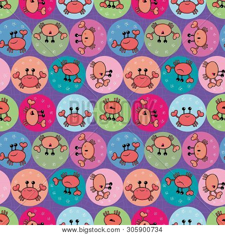 Cute Orange Crab Juggling With Bubbles. Seamless Geometric Multidirectional Vector Pattern With Circ