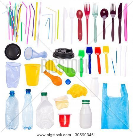 Disposable single use plastic objects such as bottles, cups, forks, spoons and drinking straws that cause pollution of the environment, especially oceans. Isolated on white background.