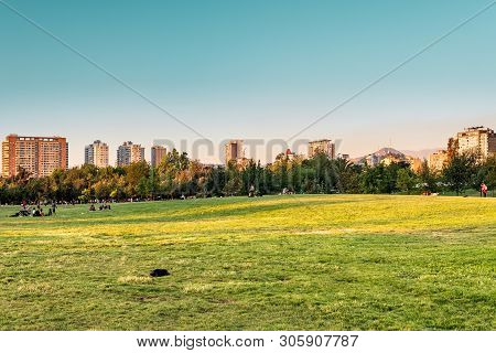 Santiago, Region Metropolitana, Chile - November 19, 2018: People Enjoying A Summer Evening In Parqu