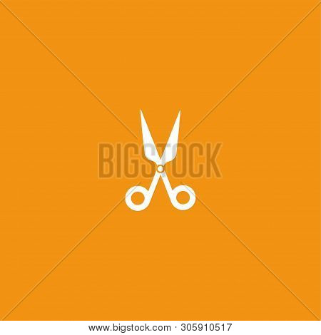 White Open Scissors Icon On Orange. Illustration Isolated Vector Sign Symbol