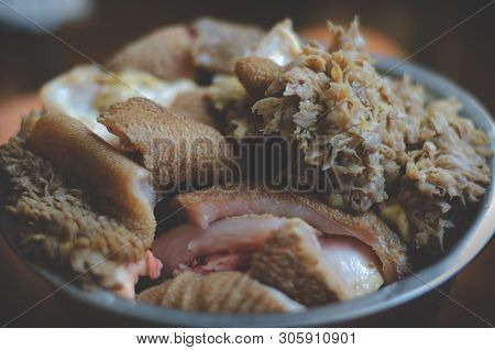 The System Of Natural Feeding Dogs Barf. Raw Meat Chunks In A Bowl. Beef Tripe. Soft Selective Focus