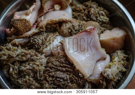 Chunks Of Beef Stomach In A Metal Bowl. Requirement For Feeding And Cooking. Beef Tripe. Selective S