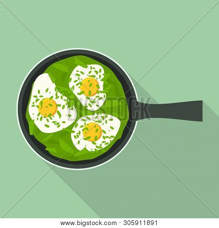 Fried Eggs With Spinach Icon. Flat Illustration Of Fried Eggs With Spinach Vector Icon For Web Desig