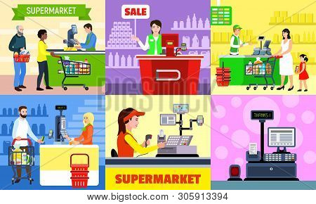 Cashier Banner Set. Flat Illustration Of Cashier Vector Banner Set For Web Design